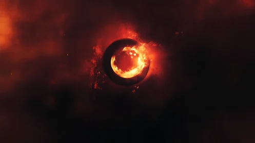 Burning sphere emerging from darkness with intense flame core.