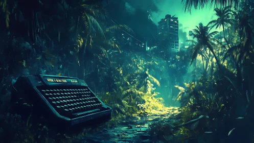 Forgotten typewriter in neon jungle before ruined towers.