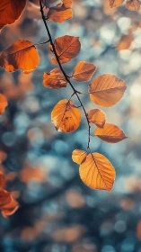 Golden autumn leaves hang against soft teal bokeh background