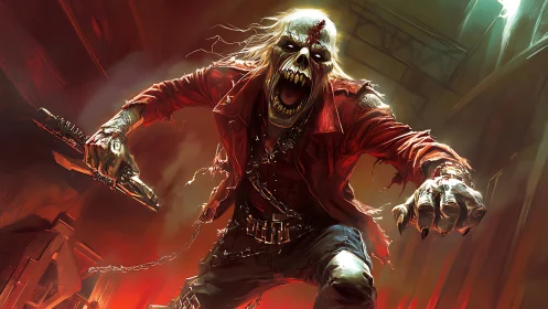 Undead punk warrior charges through burning industrial ruin.
