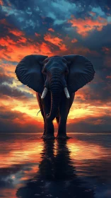 Solitary elephant strides through reflective water at sunset