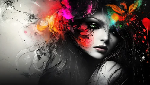 Surreal monochrome portrait with explosive neon florals