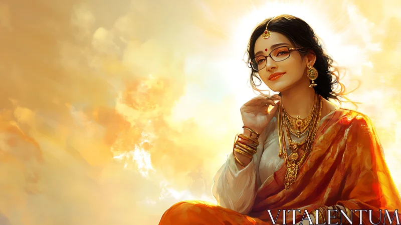 Digital painting of radiant woman in sari with golden halo glow.