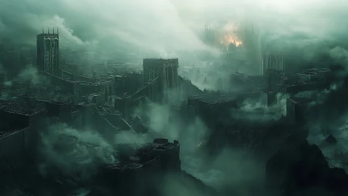 Shattered gothic metropolis in toxic emerald fogscape.