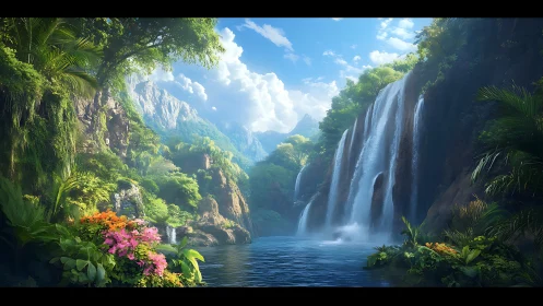 Lush jungle waterfalls cascade into a tranquil blue lagoon.