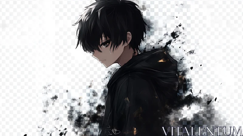 Brooding shadow boy dissolving into glitching twilight storm.