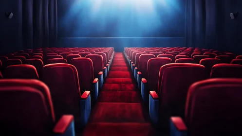 Cinematic auditorium with red seats under ethereal blue light.