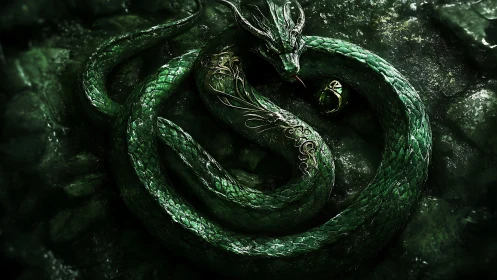 Emerald serpent guardian curled around a glowing secret.