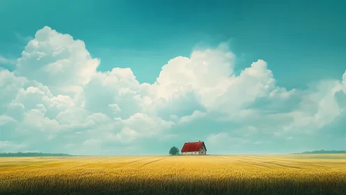 Solitary farmhouse under towering clouds above wheat plain.