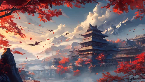 Mountain temple city rises through crimson autumn fog