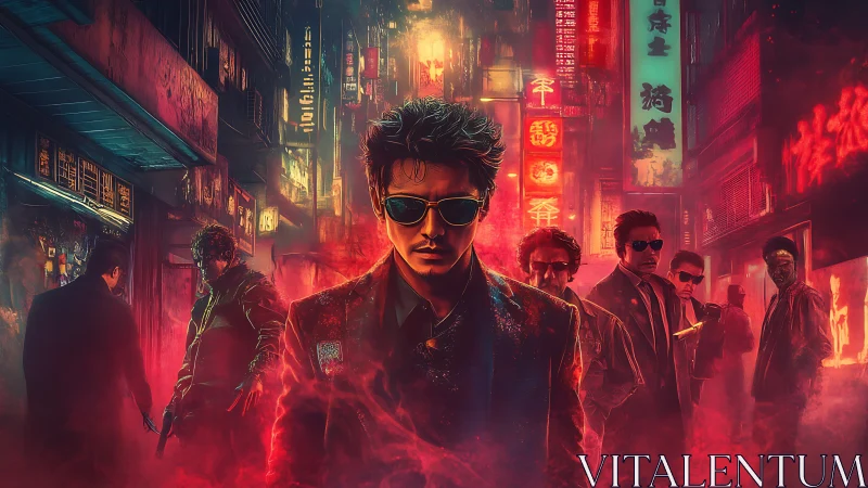 Neon-soaked vigilante squad in dystopian alleyway haze.