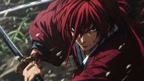 Fierce red haired swordsman ready for a dramatic showdown.