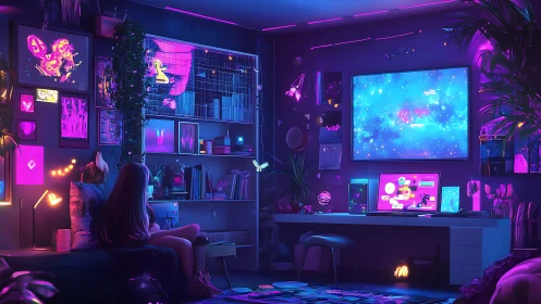 Cozy neon gamer sanctuary glowing with dreamy night light.