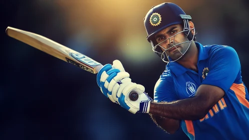 Cricket batsman locks focus and powers through a bold swing.