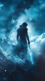 Backlit spectral swordsman emerging from ionized stormclouds.