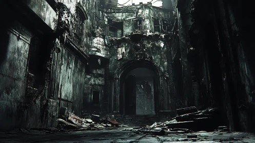 Decayed neoclassical corridor rendered as high-contrast ruin study