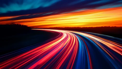 Highway light trails curve under intense sunset sky