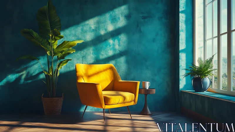 Yellow armchair in teal room with plants and sunlight.