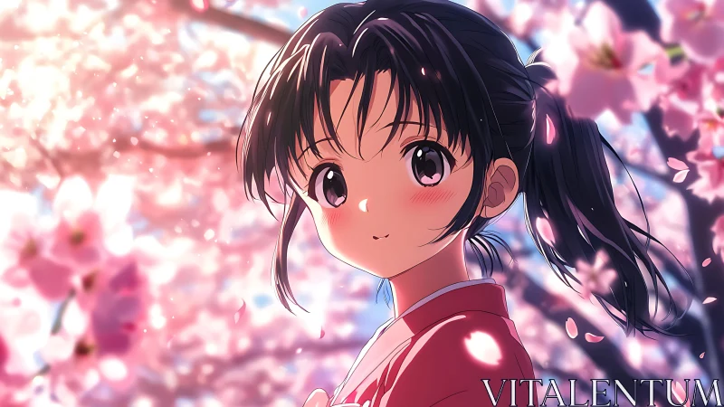 Anime girl in pink kimono under glowing spring sakura canopy