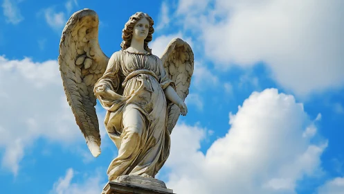 Marble angel statue exhibits detailed drapery against cumulus sky
