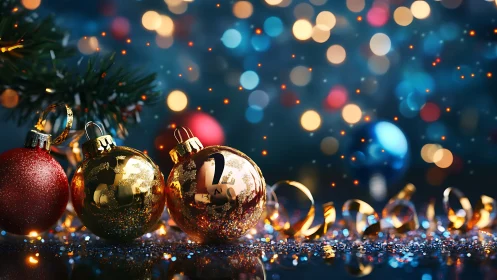 Specular holiday baubles under shallow-depth bokeh field.