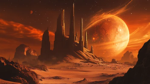 Alien desert citadel under colossal burning planet.