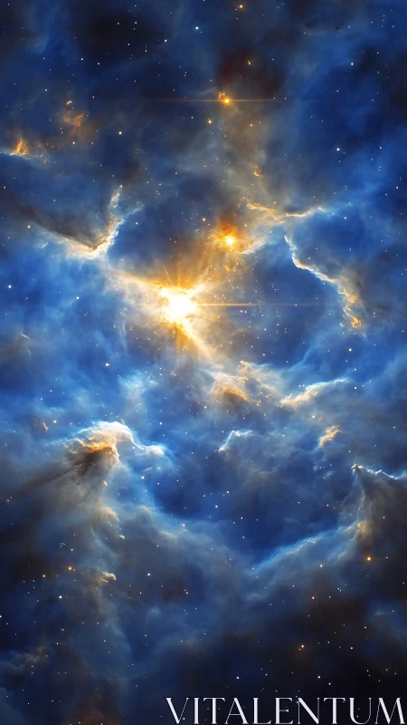 Stellar nursery cloud illuminated by golden starburst glow.