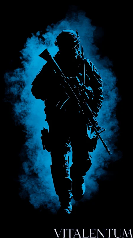 Midnight commando strides through neon fog with silent resolve