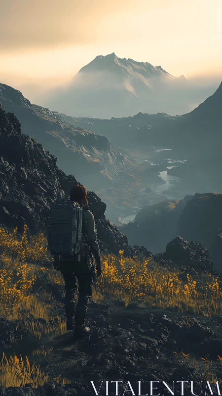 Lone hiker observing misty valley and distant mountain peak.