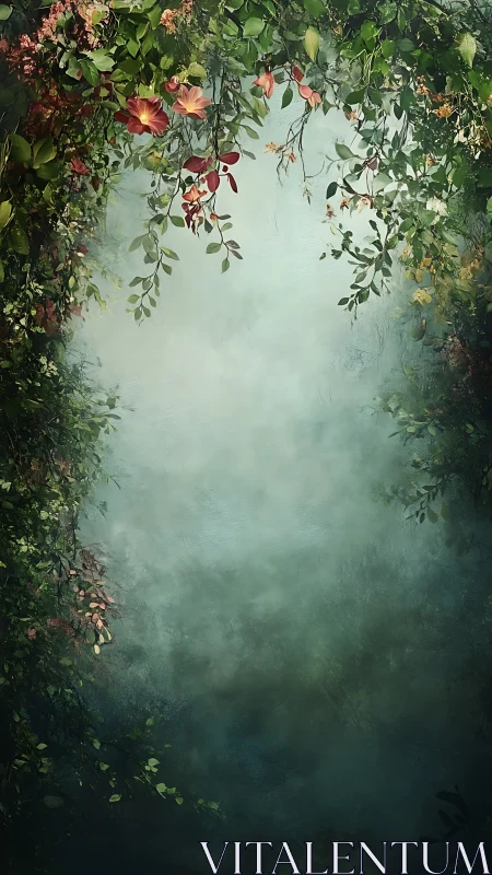 Secret garden archway framed by dreamy misty greenery.