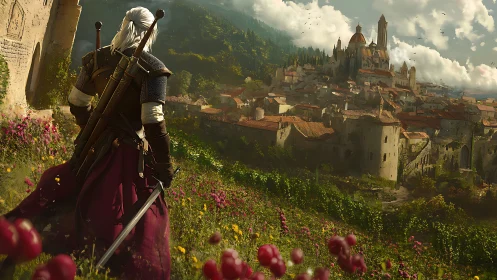 White-haired wanderer studies a sunlit hilltop citadel