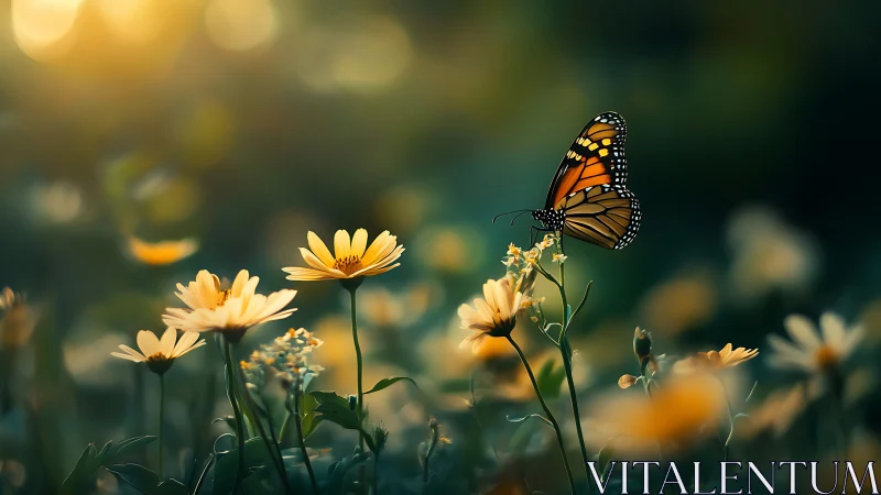 Monarch butterfly rests on sunlit yellow wildflower at dusk