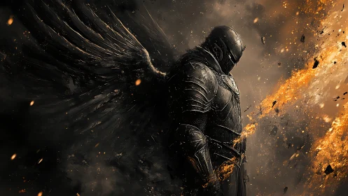 Winged ember knight pauses where shadow and wildfire argue