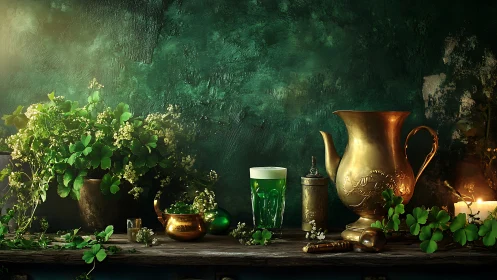Emerald clover tavern still life with glowing brass vessels.