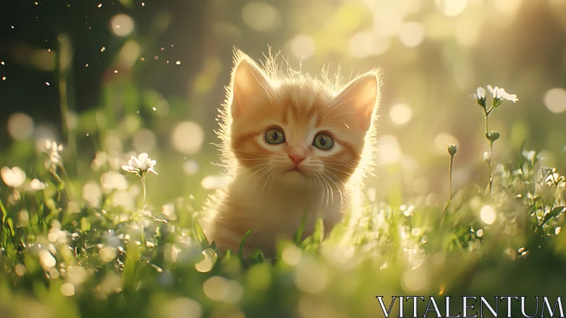 Orange tabby kitten sits in grass surrounded by white flowers