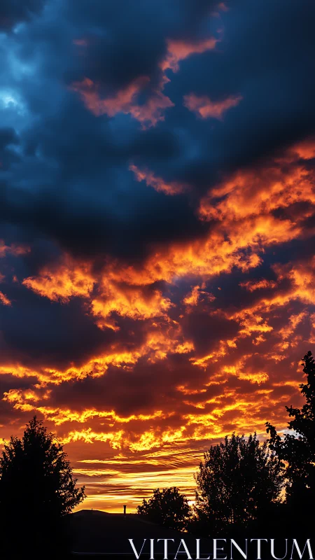Intense orange sunset sky over dark suburban treetops.