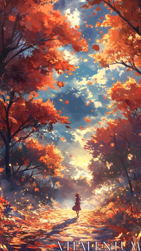 Autumn ember canopy above a wandering daydreamer girl.