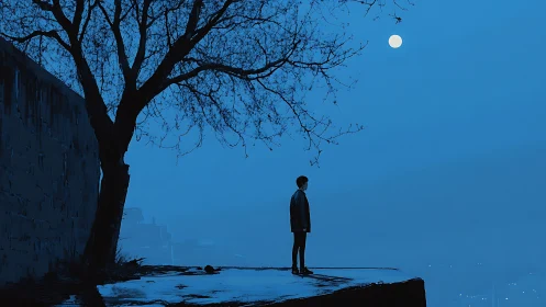 Quiet cliffside moonwatch with a lone dreamer at dusk.