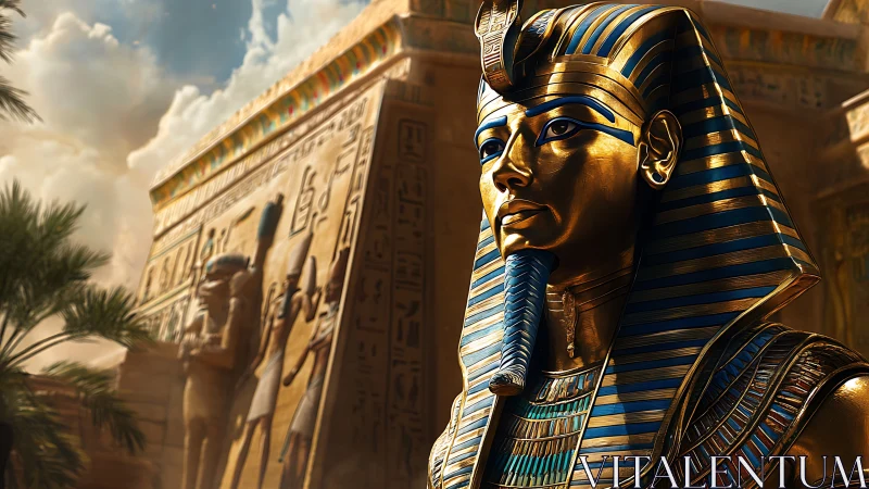 Golden pharaoh statue before detailed ancient temple wall.