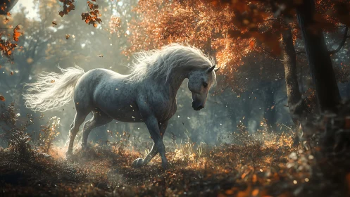 White horse in autumn forest under diffused backlight.