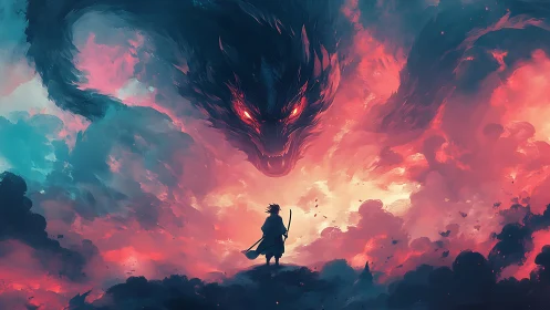 Storm-lit samurai steadies blade beneath roaring sky dragon
