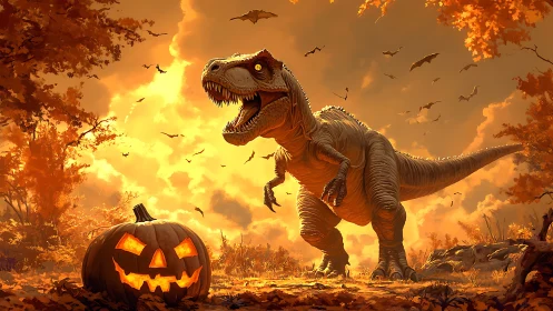 Tyrannosaurus roars through fiery Halloween forest sunset.