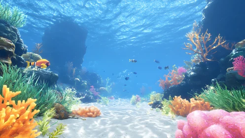 Sunlit coral canyon with colorful tropical reef fish panorama.
