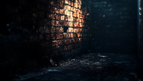 Nocturnal Alleyway: Weathered Brick Wall with Warm Golden Luminescence