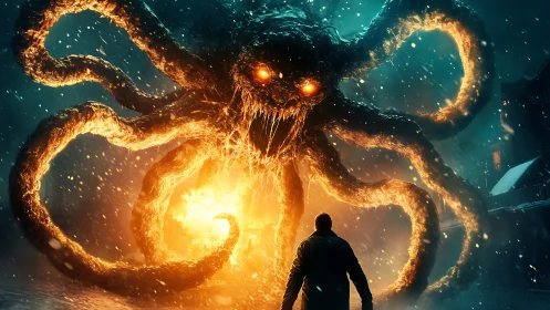 Colossal fiery tentacle monster confronts lone figure at night.