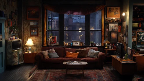 Eclectic urban living room under mixed tungsten window light.