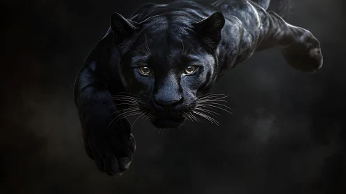 Black Panther Portrait with Luminescent Amber Eyes Against Dark Atmospheric Background