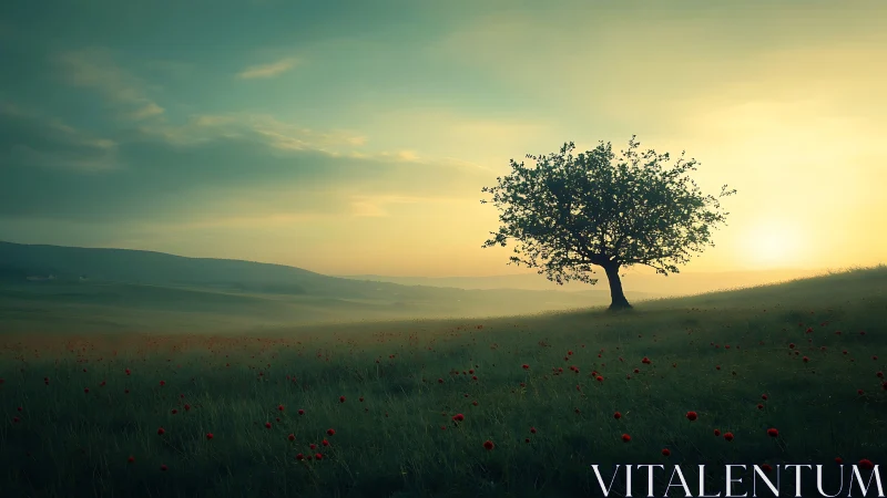 Solitary tree stands on sloping field under low horizon sun