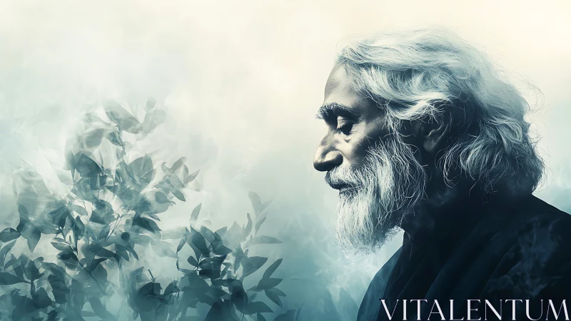 Elderly sage contemplates nature within a soft misty haze