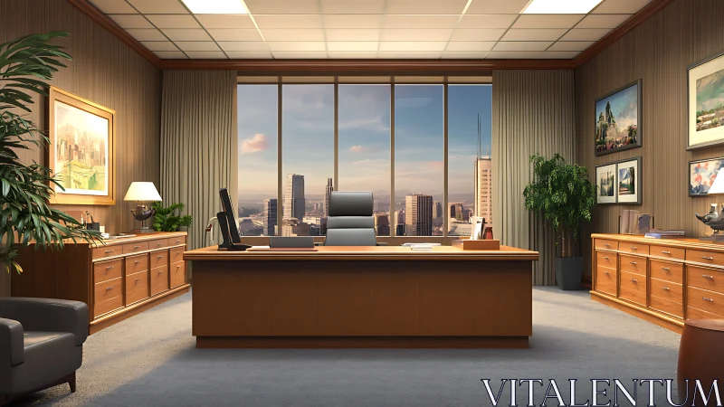 Corner office throne above a honeyed high-rise skyline.